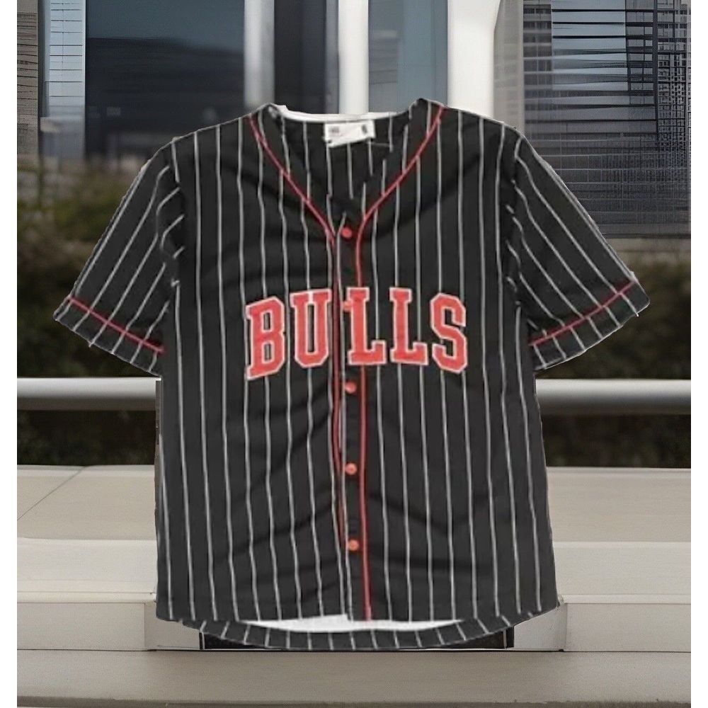 Vintage Chicago Bulls Button Down Striped Jersey Black &‎ Red NBA Kids Size 8